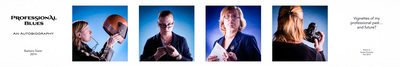 Four images of the same woman; in the 1st she is putting a helmet on, 2nd she holds a ruler in her hand, 3rd she has papers and wears a haughty look, 4th her back is to the camera and she holds a camera in her hand.