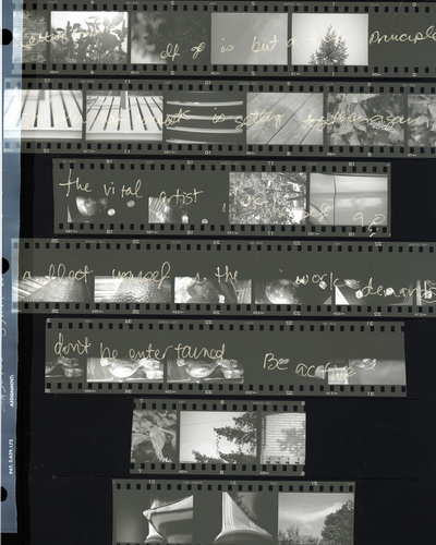 contact sheet of 35mm negatives; various scenes with handwriting over them